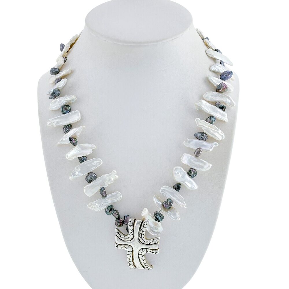 Vintage Sterling Silver Biwa Pearl Cross Pendant Necklace 18.5"